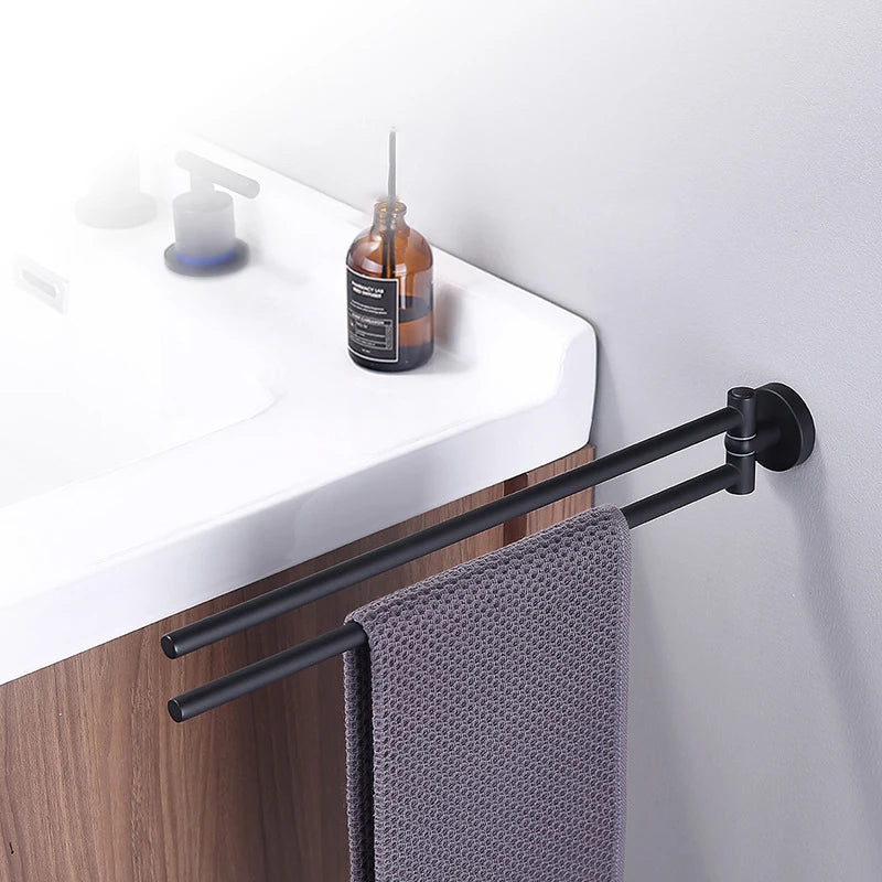 Foldable Dual Bar Rail Hanger Black Stainless Steel 304 Bathroom Handtowel Holder Towel Rack