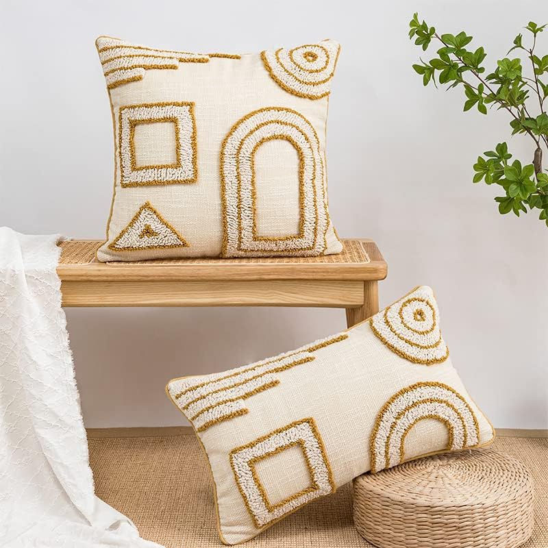 Beige and cream boho cushion cover with ethnic patterns