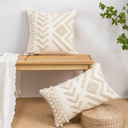 Beige and cream boho cushion cover with ethnic patterns