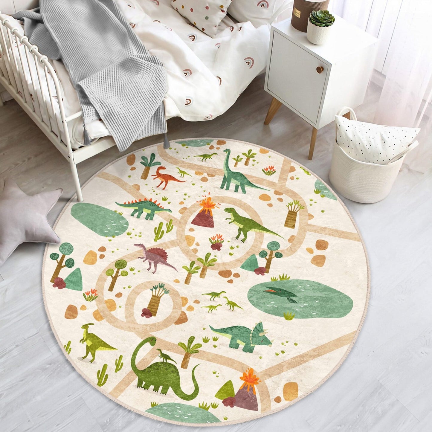 Dinosaur Pattern Washable Round Rug for Kids Room | Homeezone