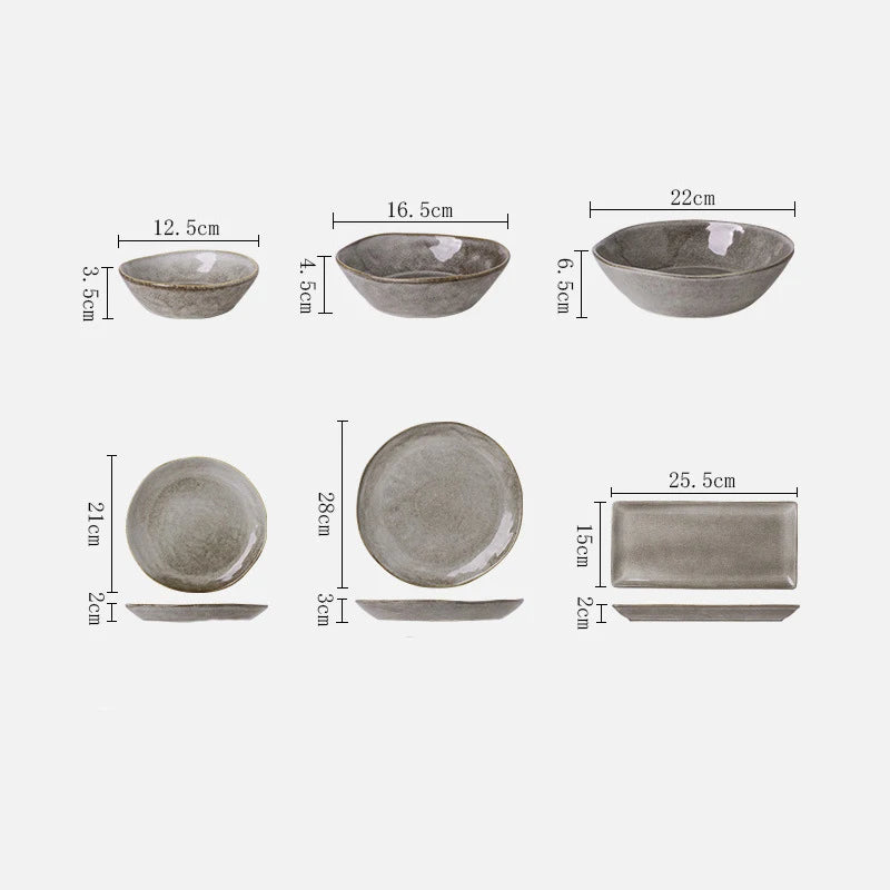 Japanese Ceramic Dinner Plate Rice Bowl Food Tray Retro Gray Tableware Porcelain Fruit Salad Sushi Serving Plate Dinnerware 