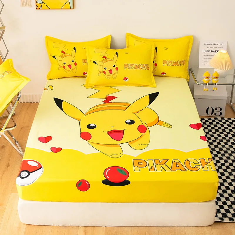 Pokemons Pikachus Bed Mattress Cover Kawaii Cartoon Hello Kitty Bed Linen Cover Fitted Sheet For Kids Adult Single Queen Size