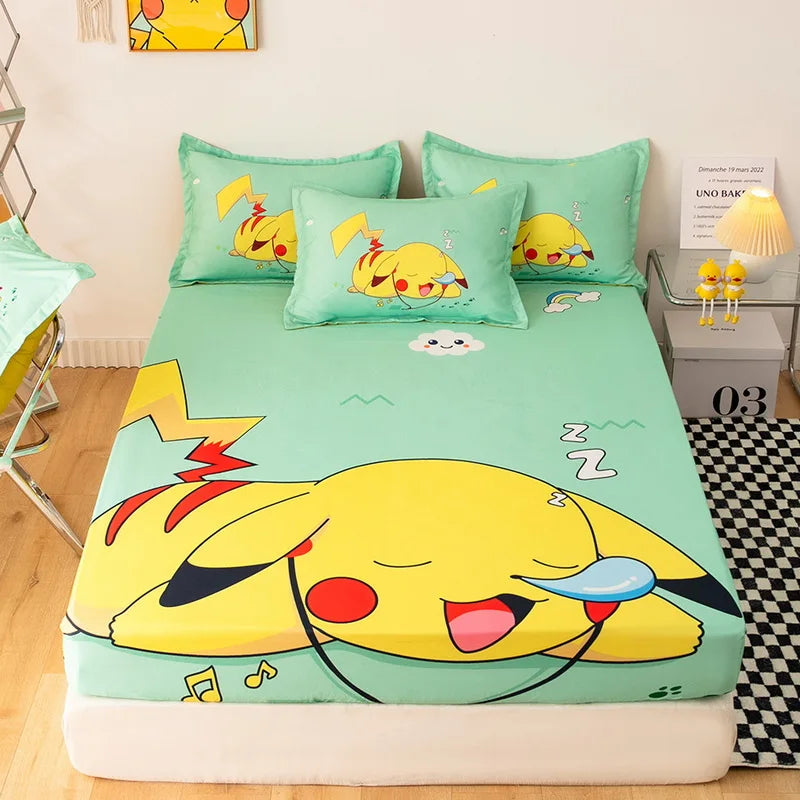 Pokemons Pikachus Bed Mattress Cover Kawaii Cartoon Hello Kitty Bed Linen Cover Fitted Sheet For Kids Adult Single Queen Size